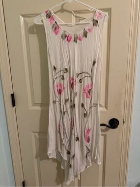 One Size White Floral Boho Dress with Pink Accents